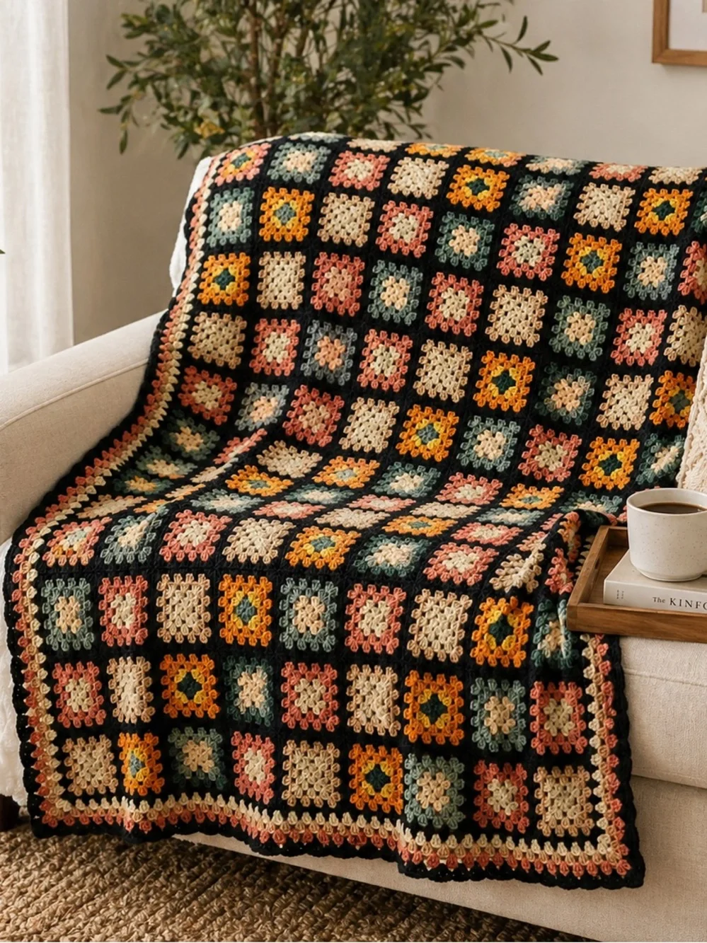 Vintage Handmade Granny Square Crochet Blanket Throw 42 x 64 Boho Retro Afghan